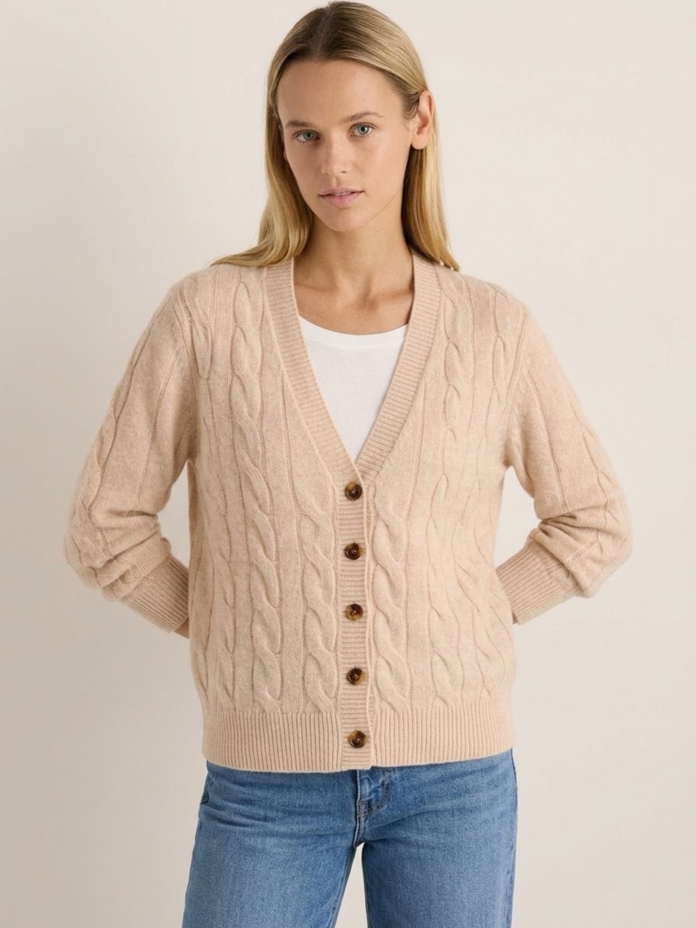 NWT Minnie Rose Light Beige Cashmere Cable Knit Cardigan Sweater